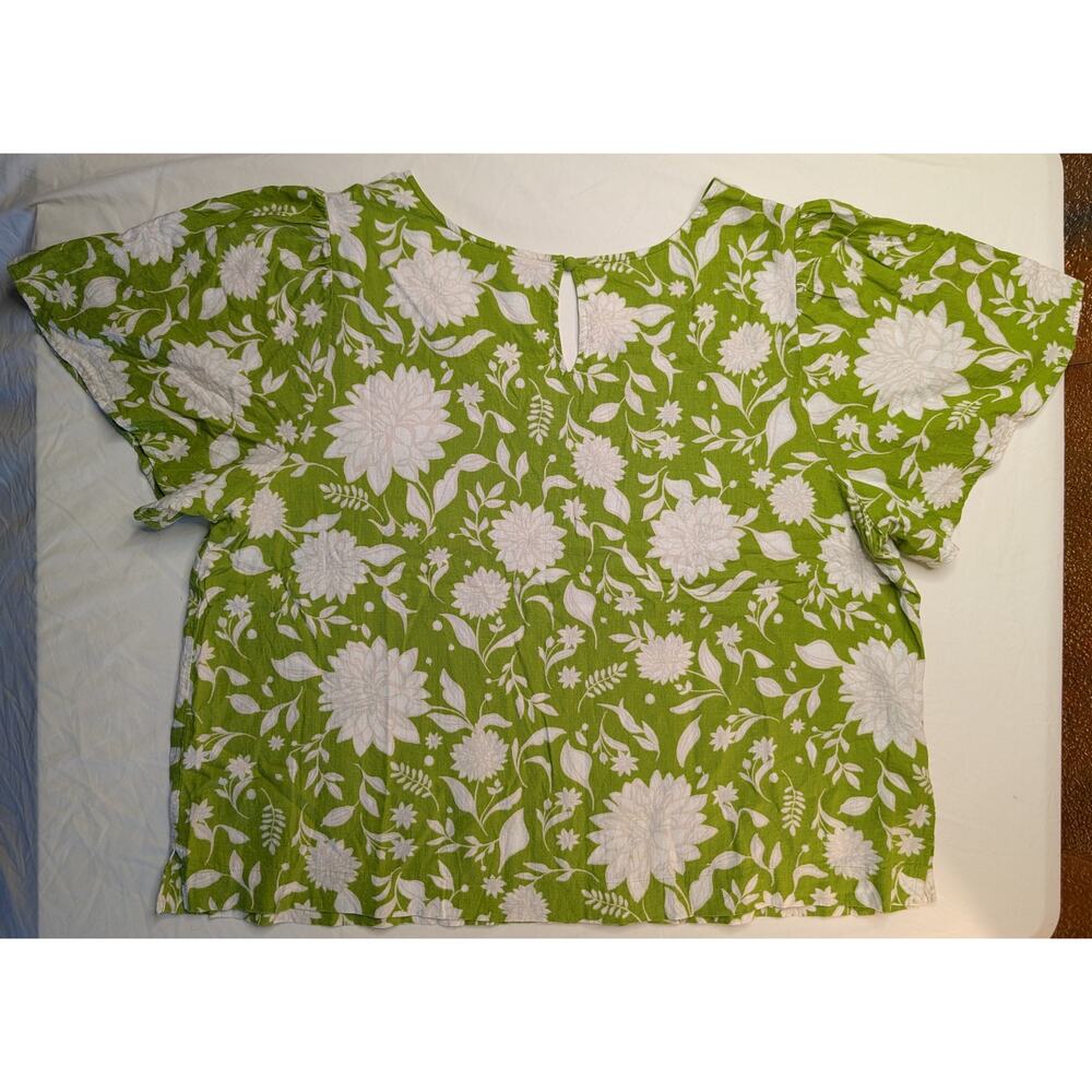 Linen Blend Floral Print Blouse Top Shirt 1X Lime Green White Cottage Feminine - Picture 2 of 9